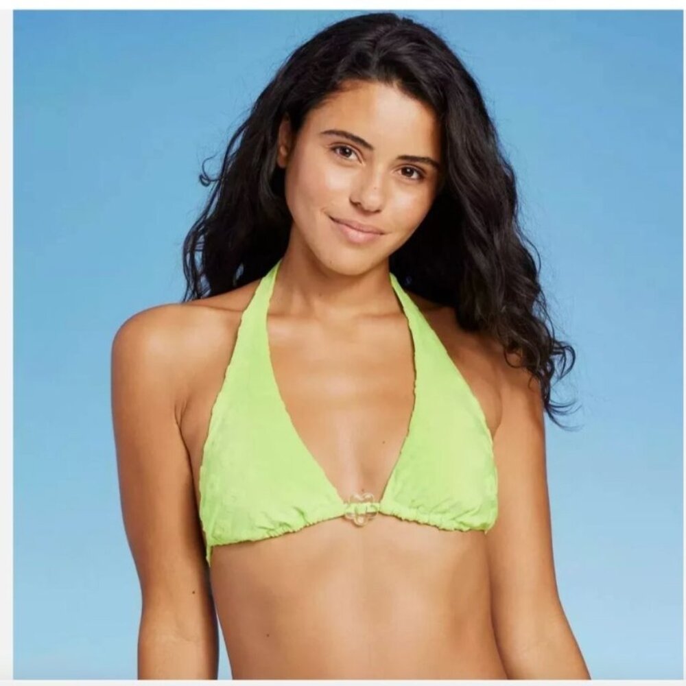 WILD FABLE BIKINI TOP DAISY TEXTURED CONVERTIBLE STRAPS TRIANGLE LIME GREEN NWT